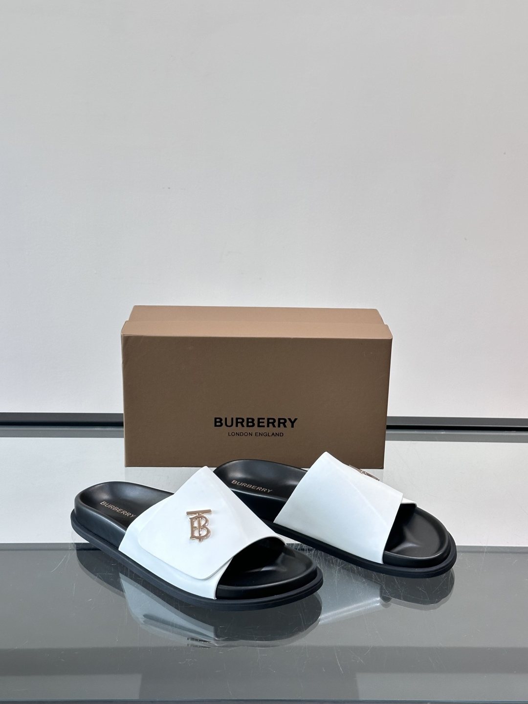 Burberry Men’s White Leather Logo Slide Sandals